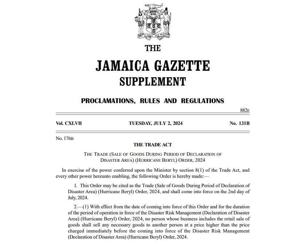 The Trade Act - The Trade (Sale of Goods During Period of Declaration of Disaster Area) (Hurricane Beryl) Order, 2024